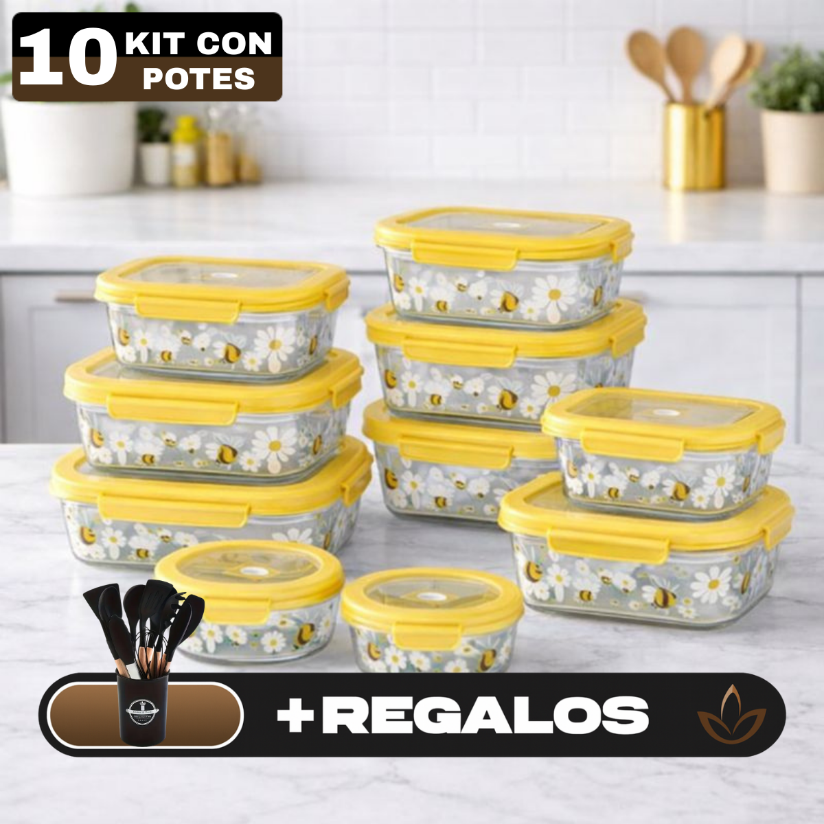 Kit de 10 Frascos Herméticos de Vidrio Templado con Tapa Sellada y Trabas + REGALO: Kit de Utensilios de Cocina
