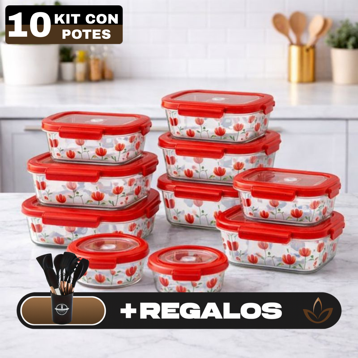 Kit de 10 Frascos Herméticos de Vidrio Templado con Tapa Sellada y Trabas + REGALO: Kit de Utensilios de Cocina