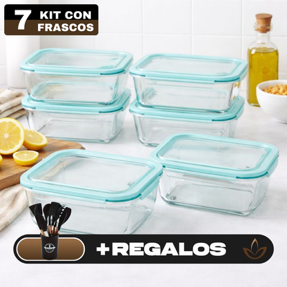 Kit de 7 Frascos Herméticos de Vidrio Templado con Tapa de Sellado al Vacío + REGALO: Kit de Utensilios de Cocina